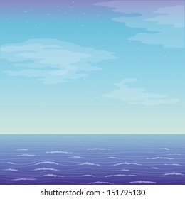 Seascape landscape, blue sky with stars and sea. Vector