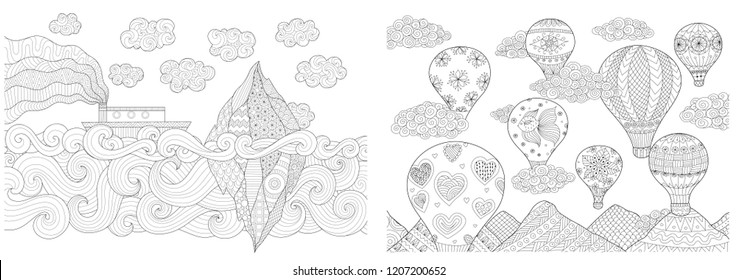 Seascape and landscape collection for design element and coloring book page for anti stress.Vector illustration