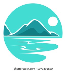 Seascape or landscape corporate identity round isolated icon vector rocks or mountains sea shore or ocean coast tropical beach night or evening and moonlight nature view emblem or logo water and mount