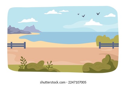 Seascape landscape with mountain range and bushes, travel to sea. Nature scene with flying birds and clear sky. Summer vacation spot, natural view. Vector in flat style