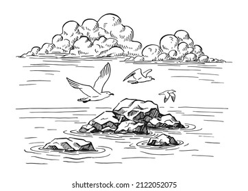 Seascape. Landscape, sea, rocks, seagulls. Hand drawn illustration converted to vector.