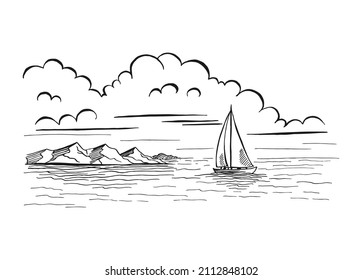 Seascape. Landscape, sea, sailboat, rocks. Hand drawn vector illustration.