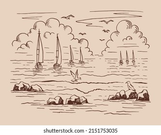 Seascape. Landscape, sea, sailboat, rocks, seagulls. Hand drawn vector illustration.