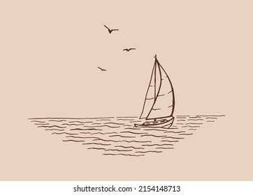 Seascape. Landscape, sea, sailboat, seagulls. Hand drawn illustration converted to vector.