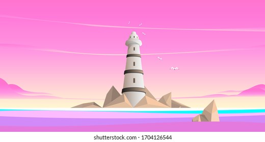Seascape. A large space is occupied by the sky with clouds. Polygonal stones are collected in the island. The central place is the lighthouse. Landscape orientation, flat design. Panoramic view.