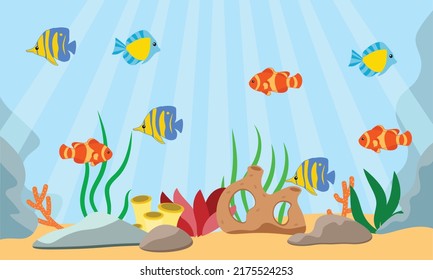 Seascape of life - ocean and underwater world with different inhabitants. For print, create video or web graphic design, user interface, card, poster.