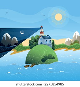 seascape with a lighthouse, dayscape with a lighthouse and a dish