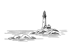 Seascape. Lighthouse. Hand Drawn Illustration Converted To Vector. Sea Coast Graphic Landscape Sketch Illustration Vector.
