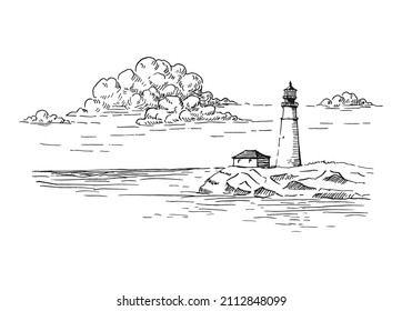 Seascape. Lighthouse. Hand drawn illustration converted to vector.