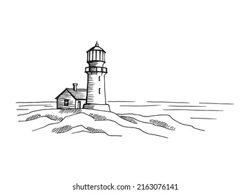 Seascape. Lighthouse. Hand drawn illustration converted to vector. Sea coast graphic landscape sketch illustration vector.