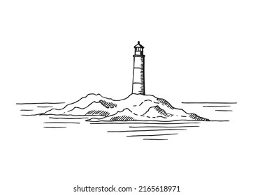 El paisaje marino. Faro. Ilustración dibujada a mano convertida en vector. Vector de ilustración de esbozo de paisaje de costa marina.