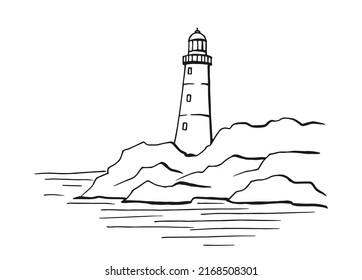 Seascape. Lighthouse. Hand drawn illustration converted to vector. Sea coast graphic landscape sketch illustration vector.