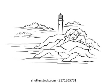 Seascape. Lighthouse. Hand drawn illustration converted to vector. Sea coast graphic landscape sketch illustration vector.