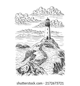 Seascape. Lighthouse. Hand drawn illustration converted to vector. Sea coast graphic landscape sketch illustration vector.