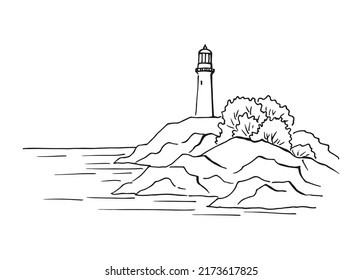 Seascape. Lighthouse. Hand drawn illustration converted to vector. Sea coast graphic landscape sketch illustration vector.