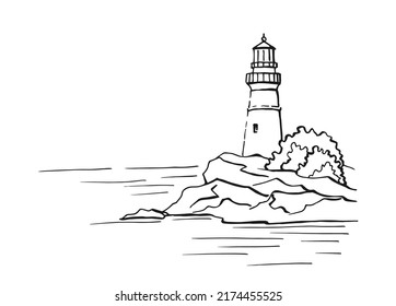 Seascape. Lighthouse. Hand drawn illustration converted to vector. Sea coast graphic landscape sketch illustration vector.