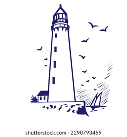 Seascape. Lighthouse. Hand drawn illustration converted to vector. Sea coast graphic landscape sketch illustration vector. Eps 10. Vector illustration.