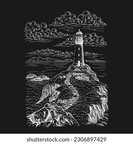 Seascape. Lighthouse. Hand drawn illustration converted to vector. Sea coast graphic landscape sketch illustration vector.