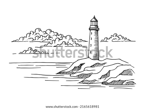 Seascape.\
Lighthouse. Hand drawn illustration converted to vector. Sea coast\
graphic landscape sketch illustration\
vector.