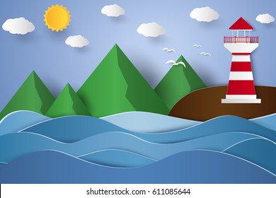 Seascape with lighthouse and mountain , paper art style