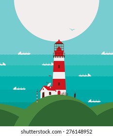 seascape with lighthouse on the hill and ships