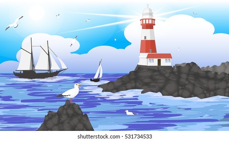 seascape lighthouse on the horizon with a seagulls, ship and boat. vector illustration