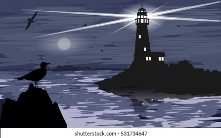 seascape lighthouse on the horizon with a seagulls in night. vector illustration