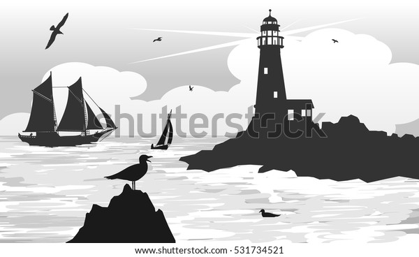 カモメ 船 船とともに水平線上に船頭灯台 ベクターイラスト のベクター画像素材 ロイヤリティフリー