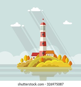 Seascape. Lighthouse on the island on a background of clouds. Flat vector illustrations