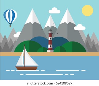 Seascape. Lighthouse on the island on a background of clouds. Vector flat cartoon illustration.