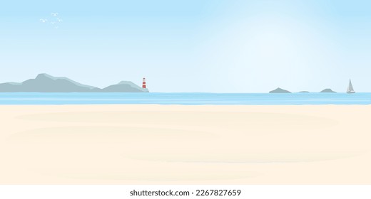 Seascape mit Leuchtturm auf Felsen und Yacht in der Sommersaison flache Illustration. Insel Pharos, Strand, Meer und Segelboot an sonnigen Tagen.