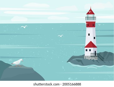 Seascape and lighthouse on the rocks, blue sea, seagulls. Vector illustration.