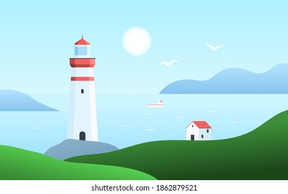 Seascape with a lighthouse on the rocks. Landscape with a house by the sea. A ship in a calm sea and seagulls in a clear sky. Vector illustration background