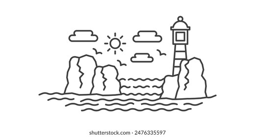 Seascape with lighthouse on rocks, waves of sea, sun in clouds, line icon vector illustration
