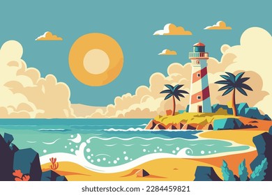 Seascape with lighthouse and palms. Flat style vector illustration. A beach with a lighthouse