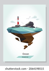 Seascape with lighthouse and rocky mountains. Symbol of hope, expectation, loneliness concept. Vector illustration of an island in geometric low poly style. 