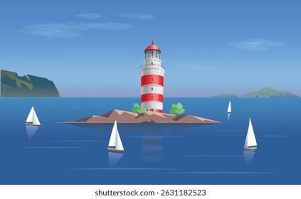Seascape with lighthouse and sailing yachts. Vector art illustration