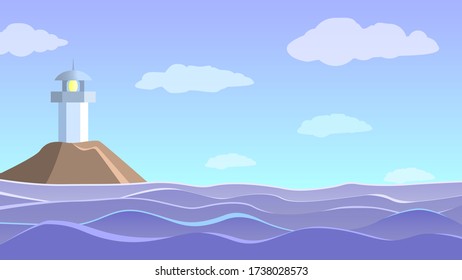 Seascape with lighthouse. Sea waves and blue sky with clouds. Vector illustration.