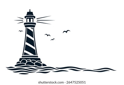 Seascape with a lighthouse and seagulls.
