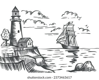 El paisaje marino con faro y boceto de tinta de barco. Mares, gaviotas, casa y torre grabados a mano. Gráfico de orilla rocosa, ilustración vectorial.