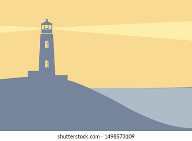 Seascape with a lighthouse, shore and rays of light. Vector flat image.