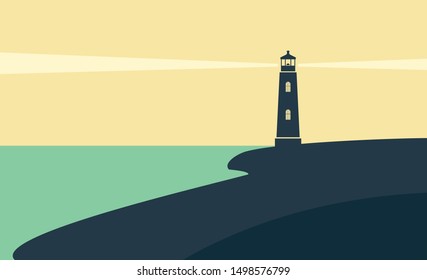 Seascape with a lighthouse, shore and rays of light in the sky. Vector flat image.