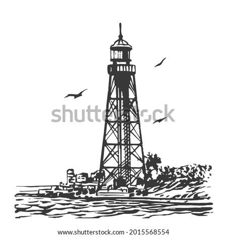Seascape with a lighthouse sketch. Graphic hand drawing Jarylgach Island, Ukraine.