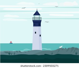 Seascape with a lighthouse. Summer period. Vector illustration.