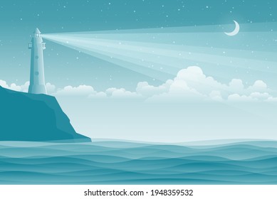El paisaje marino con faro y olas. Ilustración vectorial marina.