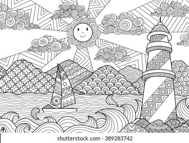 Seascape Line Art Design For Coloring Book For Adult, Anti Stress Coloring - Stock Vector