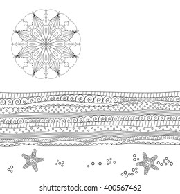 Seascape line art design for coloring book for adult.