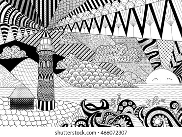 Seascape line art design for coloring book for adult, anti stress coloring - stock vector