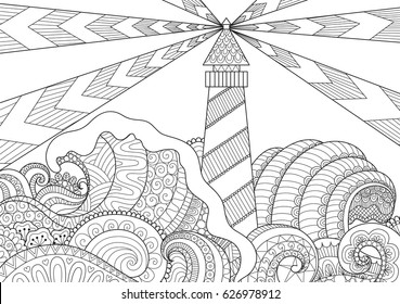 Seascape line art design for coloring book for adult, anti stress coloring - stock vector 