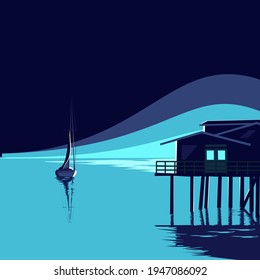 Seascape. A lone yacht heading for the dock. Vector illustration.